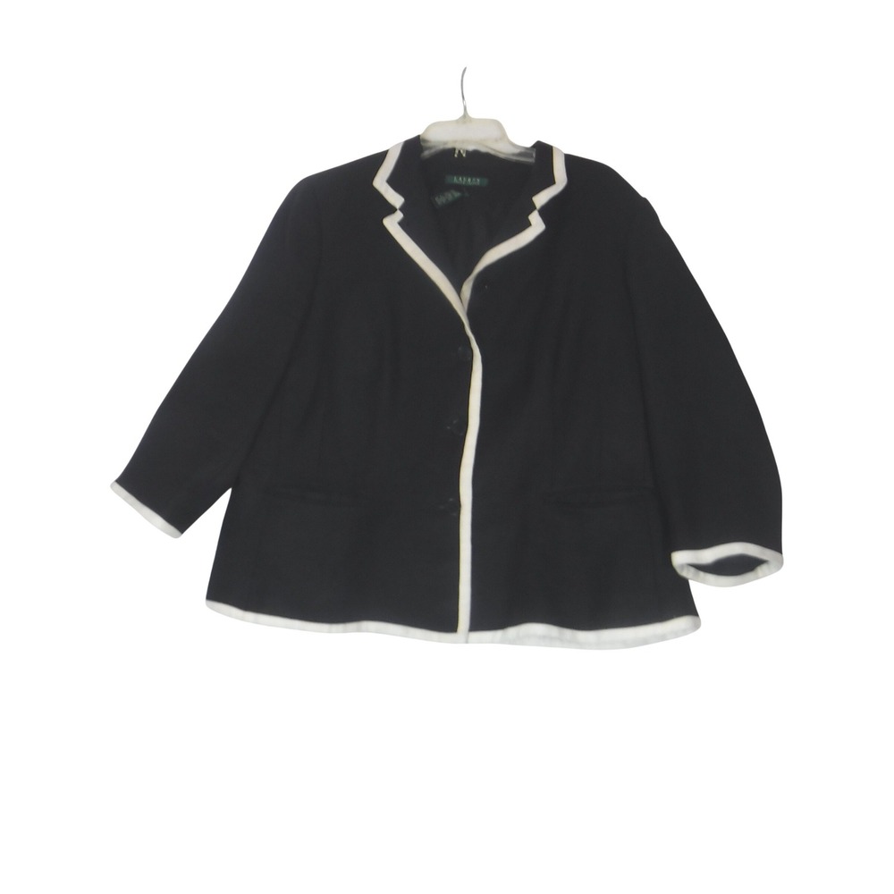 Lauren‎ Ralph Lauren Black White Trim Blazer Jacket Womens Size 14W Linen